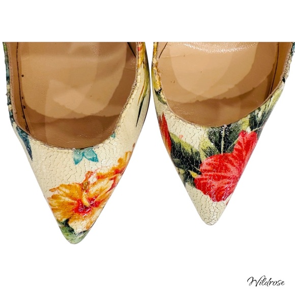 CHRISTIAN LOUBOUTIN Hawaii Crackled Calf Pigalle Pointy Toe Floral Heels SZ 38 - Picture 7 of 17